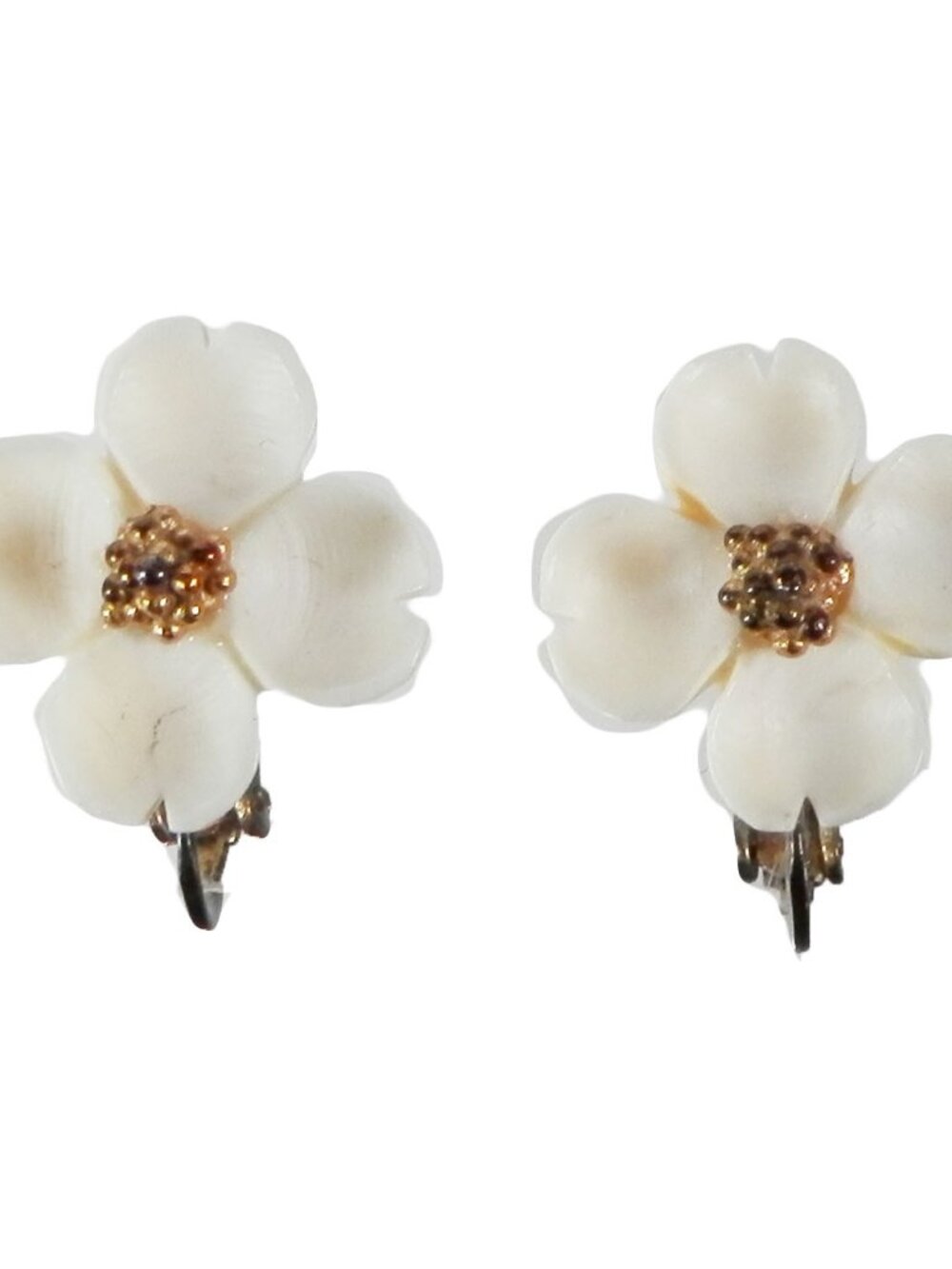 Vtg Carved Shell White Dogwood Flower Clip On Sterling Earrings  50s 60s